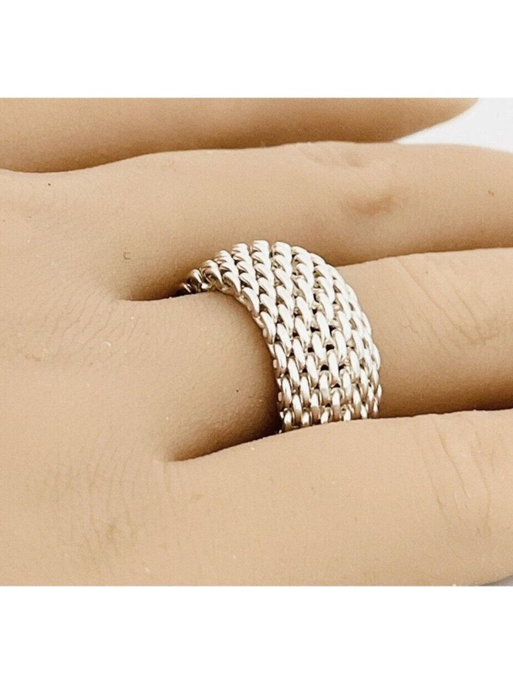 Size 7 Tiffany & Co Somerset Mesh Weave Ring Flexible Dome Unisex in Silver